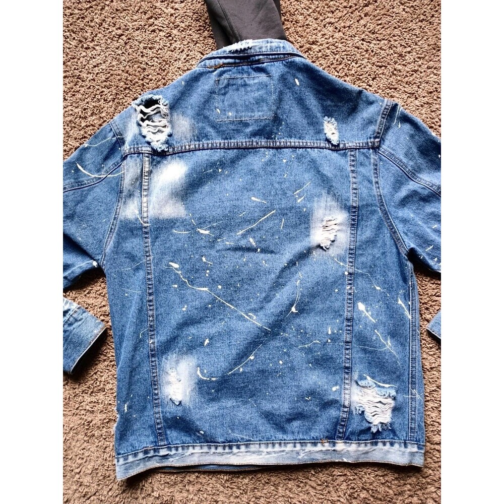 Rolling Paper Denim Jacket Men's Size XL Paint Splatter Front Pockets Hooded - Picture 8 of 10